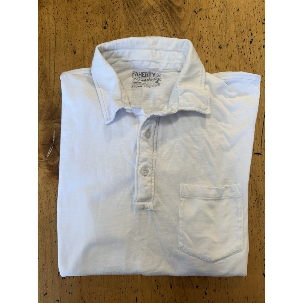 Faherty Sunwashed Polo Shirt Mens Large White Organic Cotton Pocket Casual